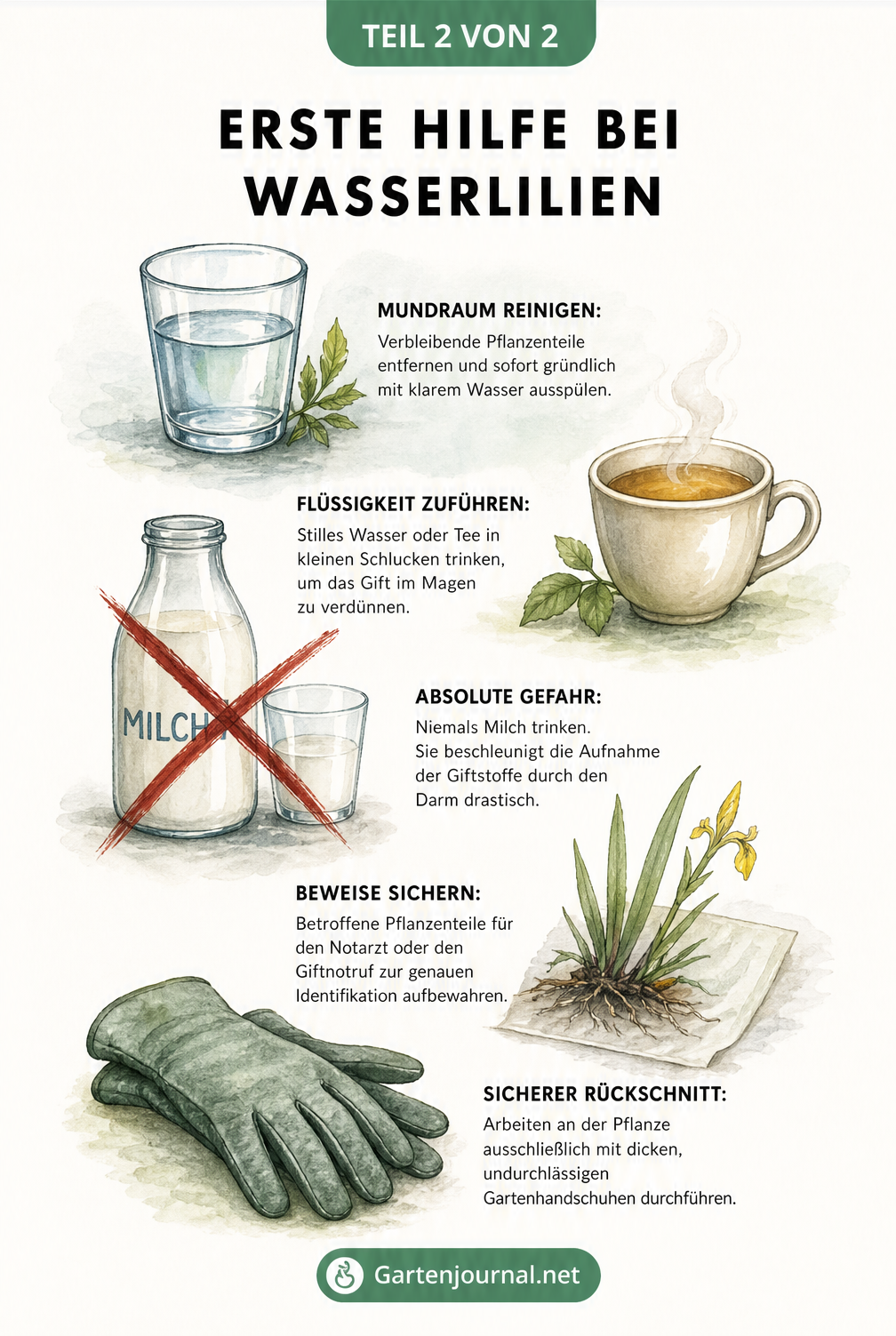 Illustrationen zur Ersten Hilfe bei Kontakt mit der Wasserlilie: Mund ausspülen, Wasser trinken, keine Milch trinken und Handschuhe tragen