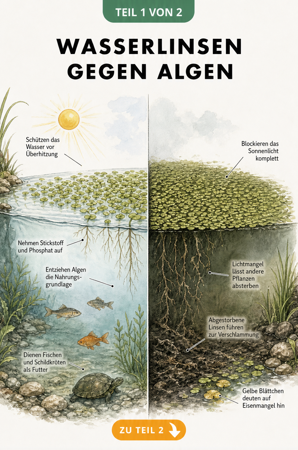 Querschnitt eines Gartenteichs, der links ein gesundes Gleichgewicht mit Wasserlinsen und rechts ein gekipptes System durch Überwucherung zeigt.
