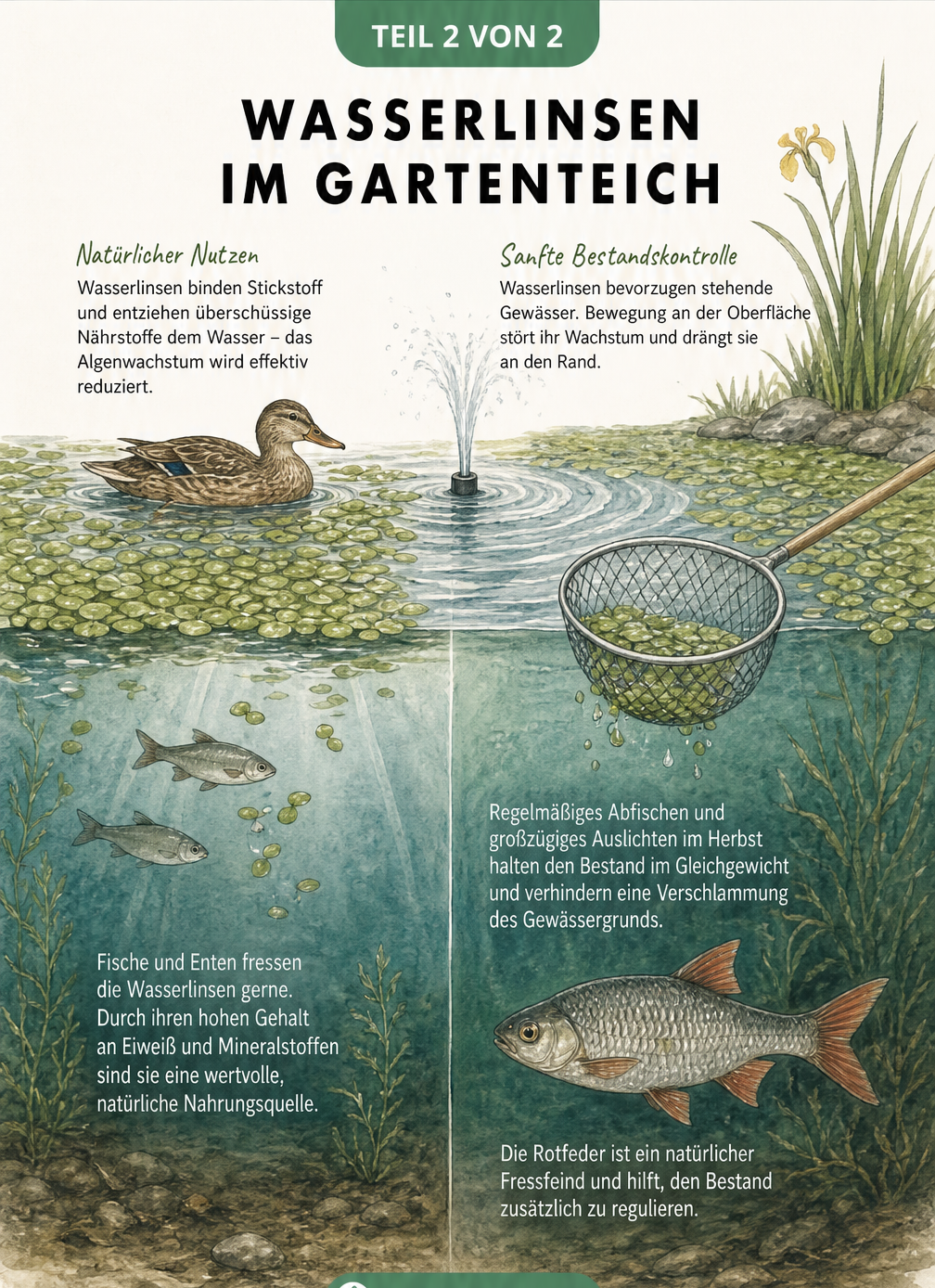 Querschnitt eines Gartenteichs mit Wasserlinsen, Fischen und Methoden zur Bestandskontrolle