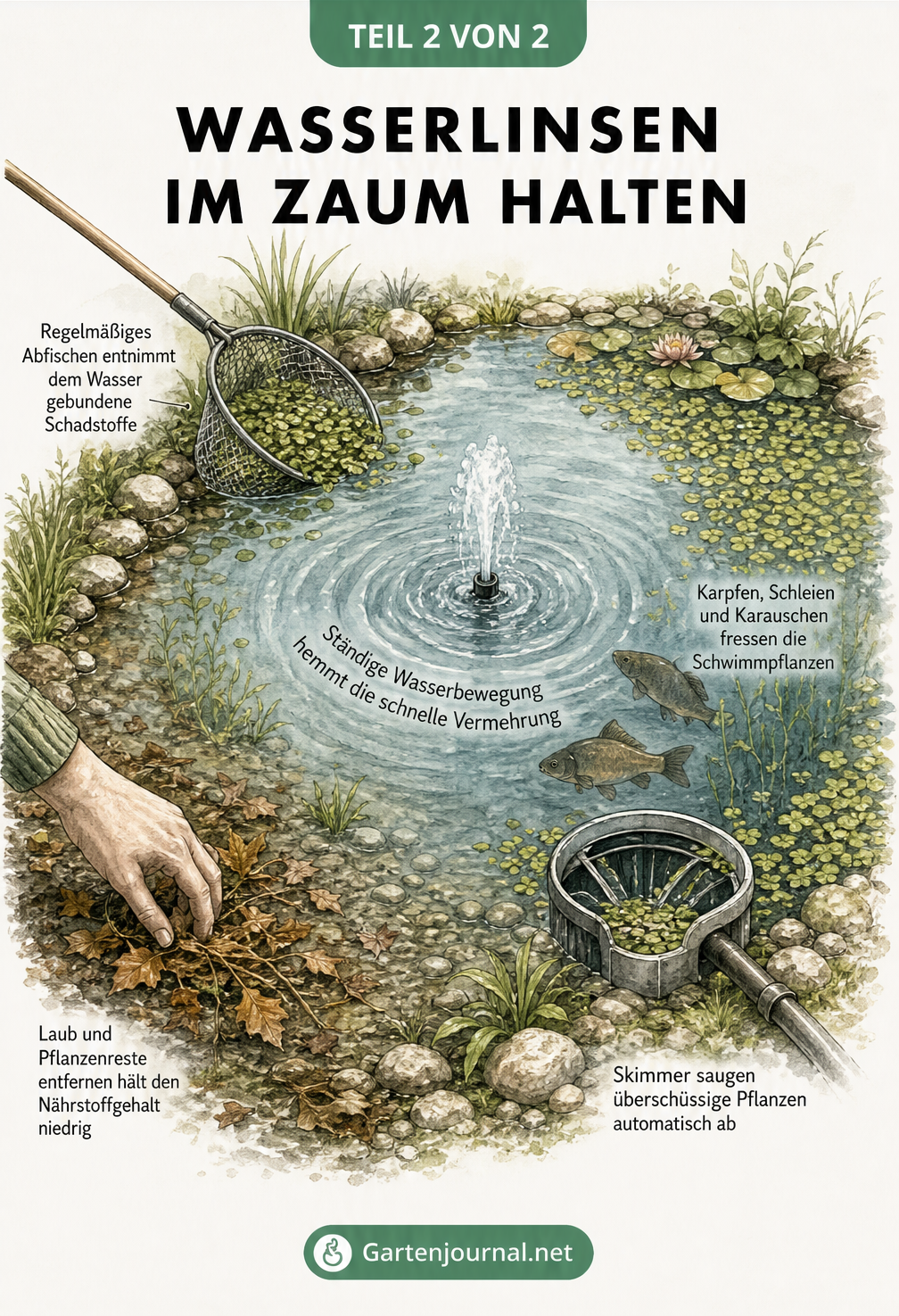 Illustration eines Gartenteichs mit verschiedenen Methoden zur Regulation von Wasserlinsen, wie Abfischen, Springbrunnen, Fische und Skimmer.