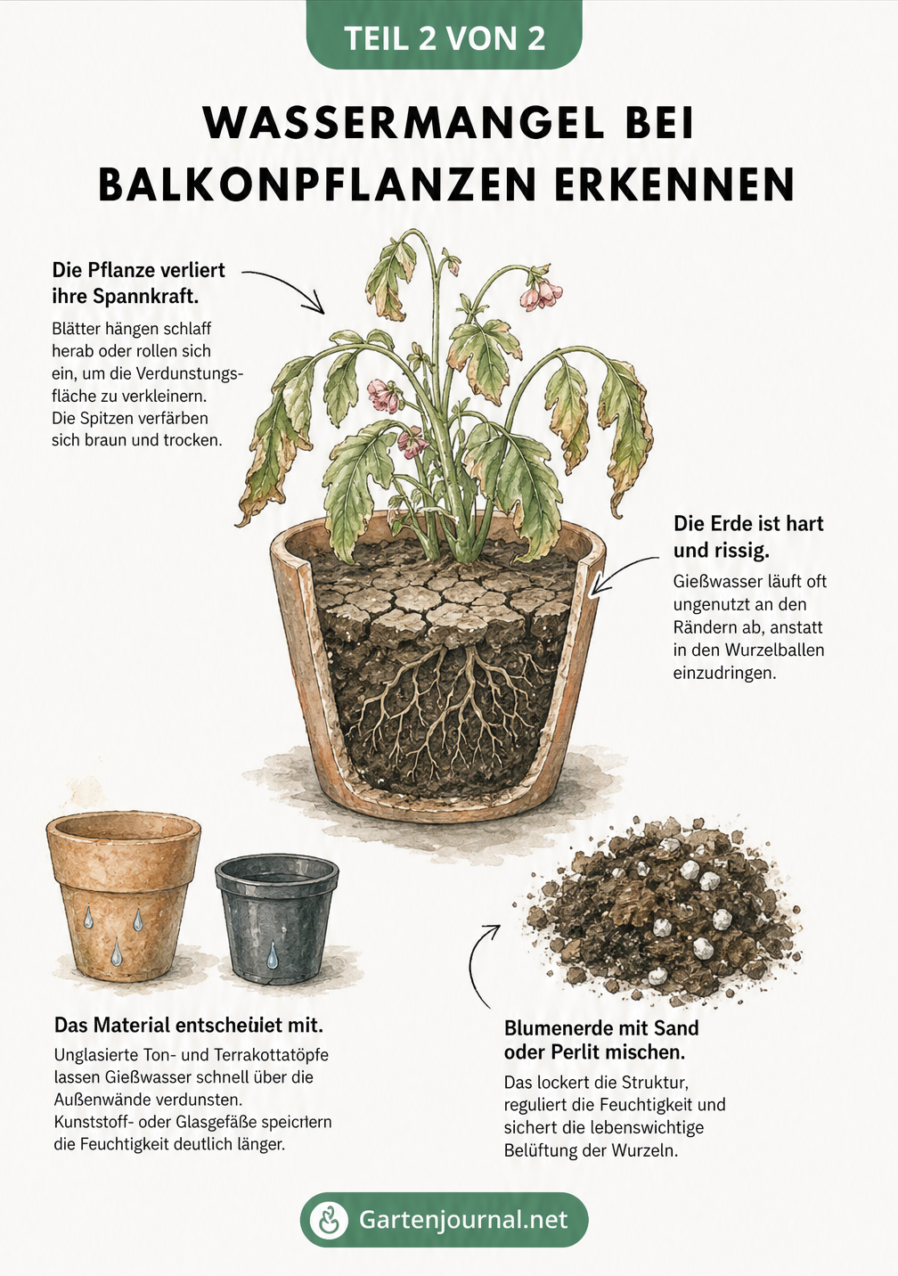 Skizze einer vertrockneten Balkonpflanze mit Hinweisen auf hängende Blätter, rissige Erde und Topfmaterial