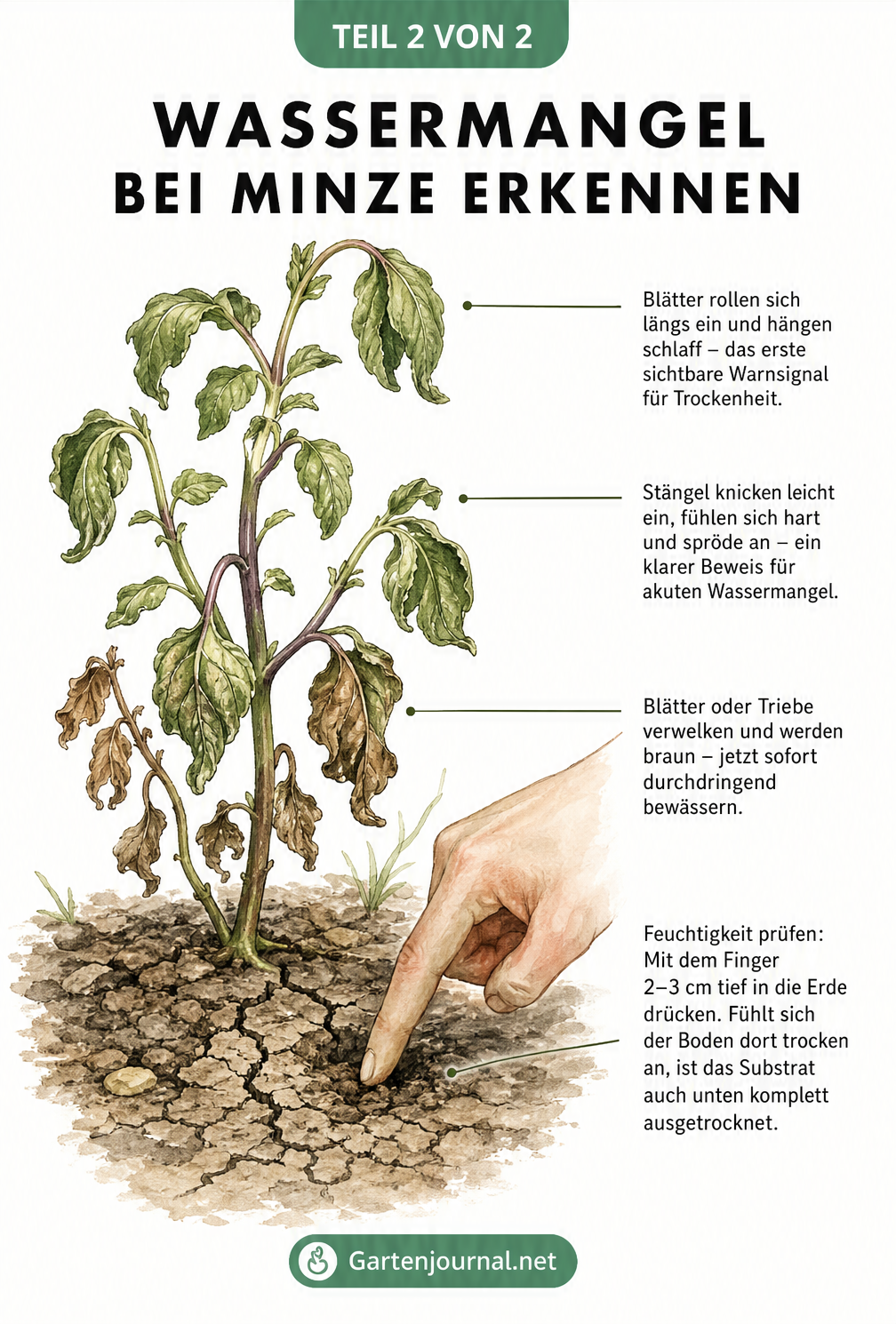 Illustration einer gestressten Minzpflanze mit hängenden Blättern, geknickten Stängeln und rissiger Erde als Anzeichen für Wassermangel