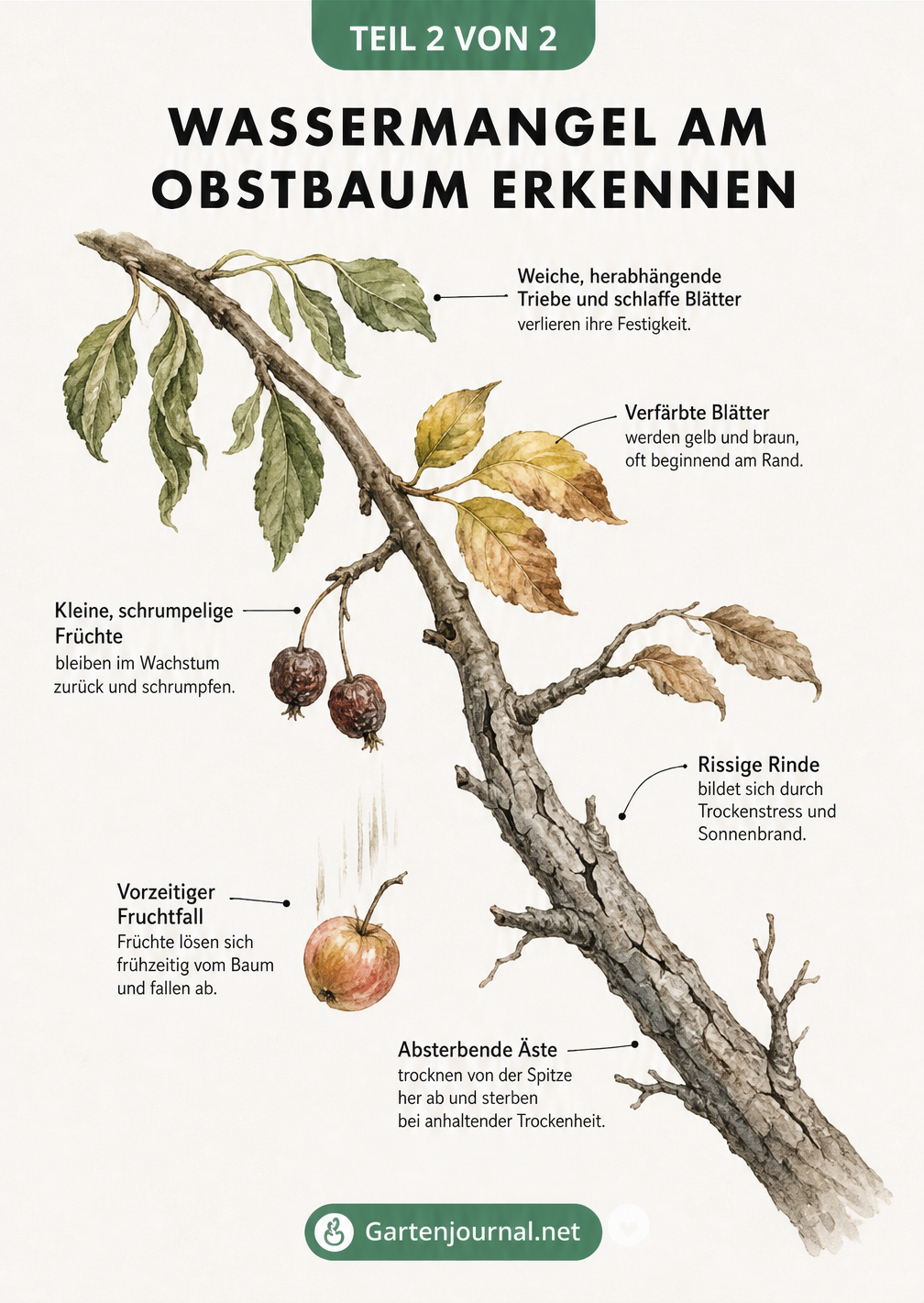 Aquarell-Zeichnung eines Obstbaumzweigs, die Symptome von Trockenstress wie schlaffe Blätter, gelbe Verfärbungen, schrumpelige Früchte und rissige Äste zeigt.