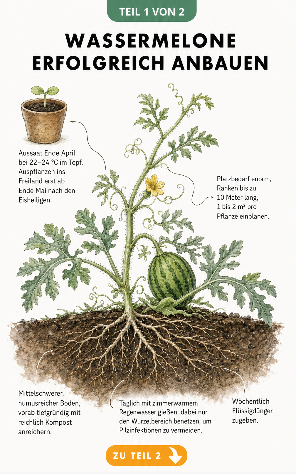 Botanische Skizze einer Wassermelonenpflanze mit Wurzelwerk, Ranken und Blüte sowie Tipps zu Anbau, Platzbedarf und Pflege