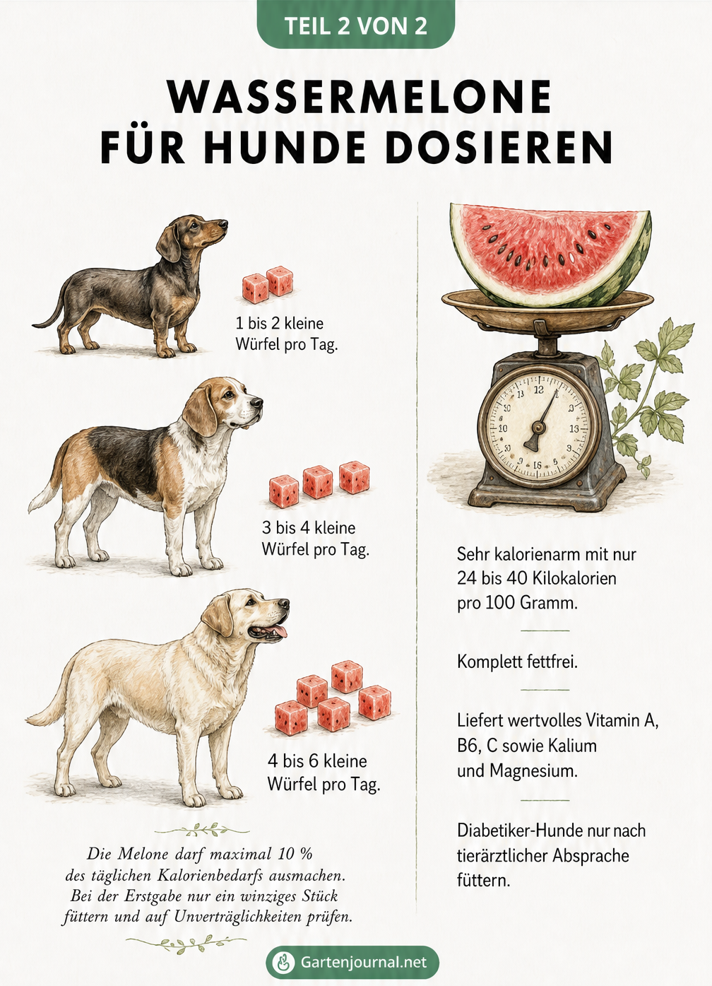 Illustration zur Dosierung von Wassermelone für kleine, mittlere und große Hunde