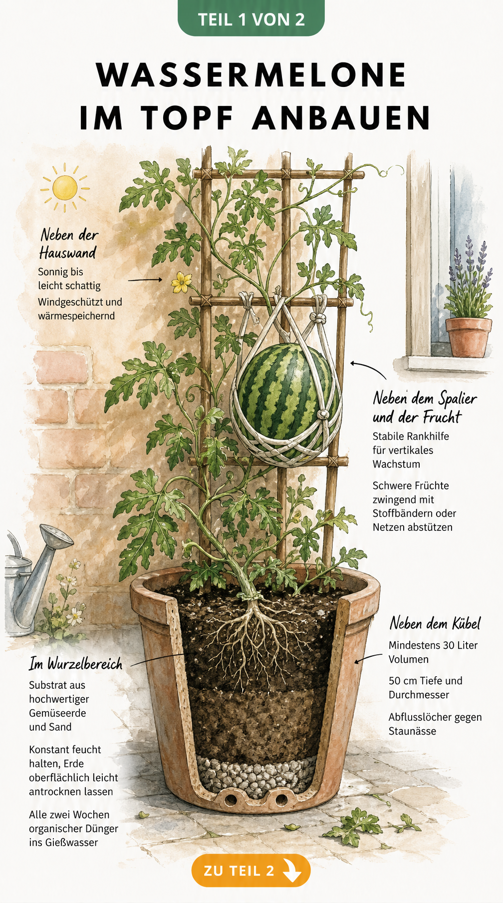 Illustration einer Wassermelonenpflanze im Topf mit Spalier und Fruchtnetz
