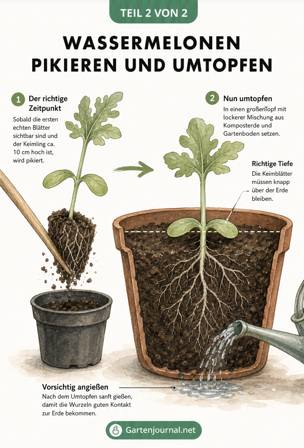 Illustration eines Wassermelonen-Keimlings, der mit einem Pikierstab aus einem kleinen Topf in einen größeren Topf umgesetzt wird