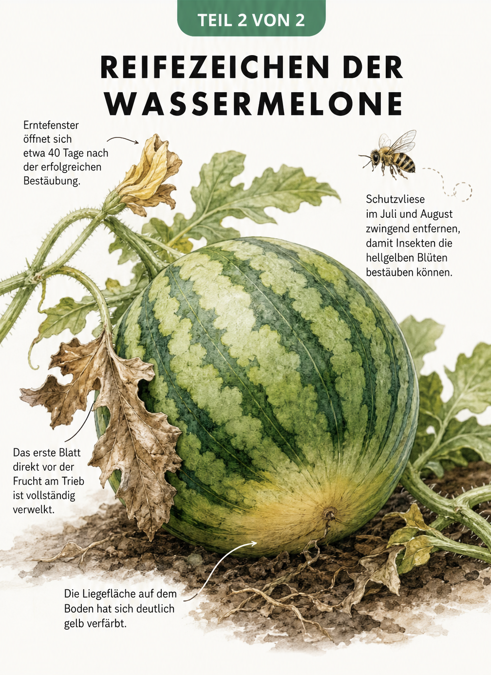 Nahaufnahme einer reifen Wassermelone auf dem Boden mit gelber Liegefläche und verwelktem Blatt am Stielansatz