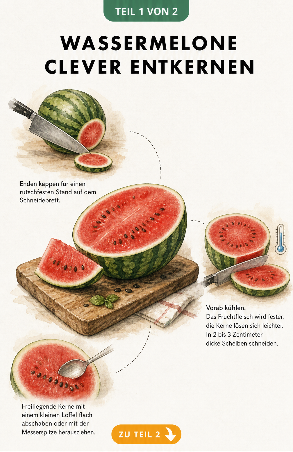 Illustration einer aufgeschnittenen Wassermelone auf einem Holzbrett mit drei Schritten zum Entkernen: Enden kappen, kühlen und in Scheiben schneiden, Kerne...