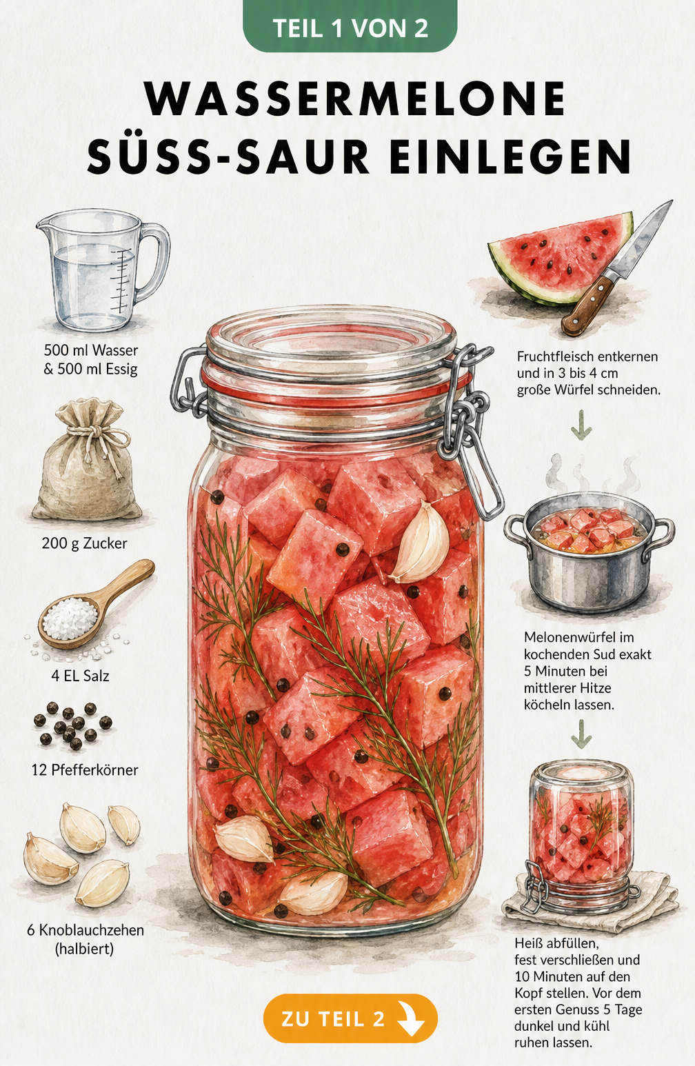 Illustration eines Einmachglases mit Wassermelonenwürfeln, Dill und Knoblauch sowie Zutaten und Zubereitungsschritten für den Sud