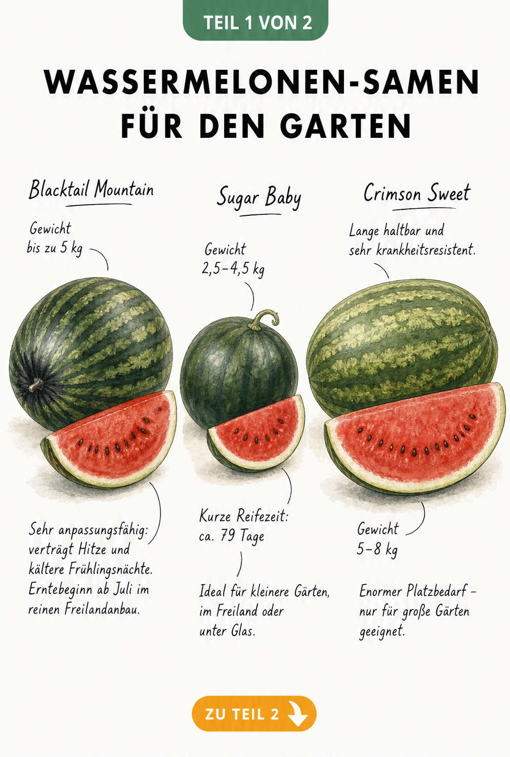 Illustration von drei Wassermelonen-Sorten: Blacktail Mountain, Sugar Baby und Crimson Sweet mit Angaben zu Gewicht und Reifezeit