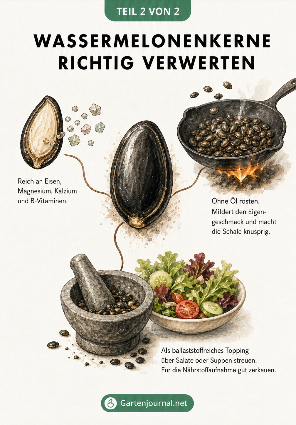 Botanische Illustration eines Wassermelonenkerns mit Nährstoffen, einer Pfanne zum Rösten und einem Mörser für die Verwendung als Salat-Topping.