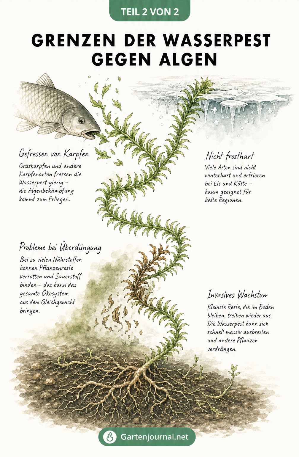 Illustration der Nachteile von Wasserpest: Fraß durch Karpfen, Frostempfindlichkeit und invasives Wachstum