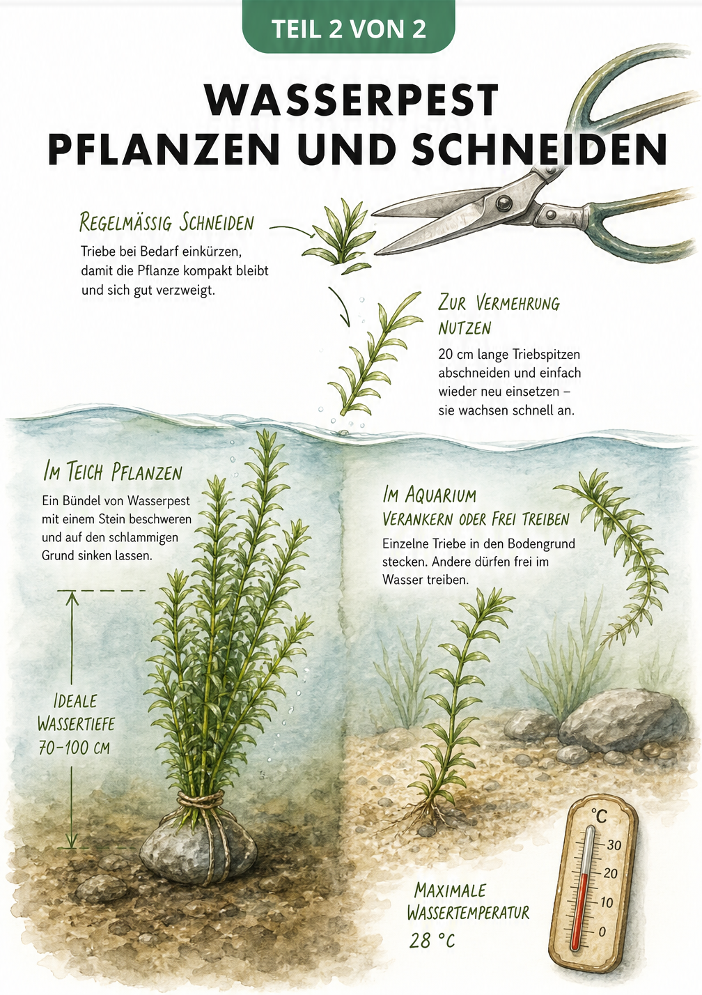 Illustration zum Pflanzen und Schneiden der Wasserpest im Teich und Aquarium mit Hinweisen zur Wassertiefe und Vermehrung durch Stecklinge