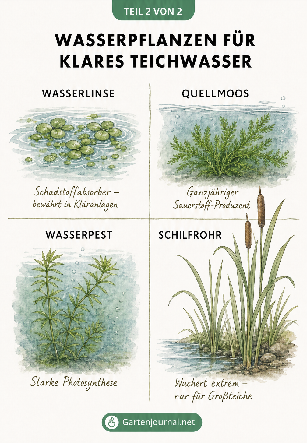 Vier Wasserpflanzen zur Teichreinigung: Wasserlinse, Quellmoos, Wasserpest und Schilfrohr