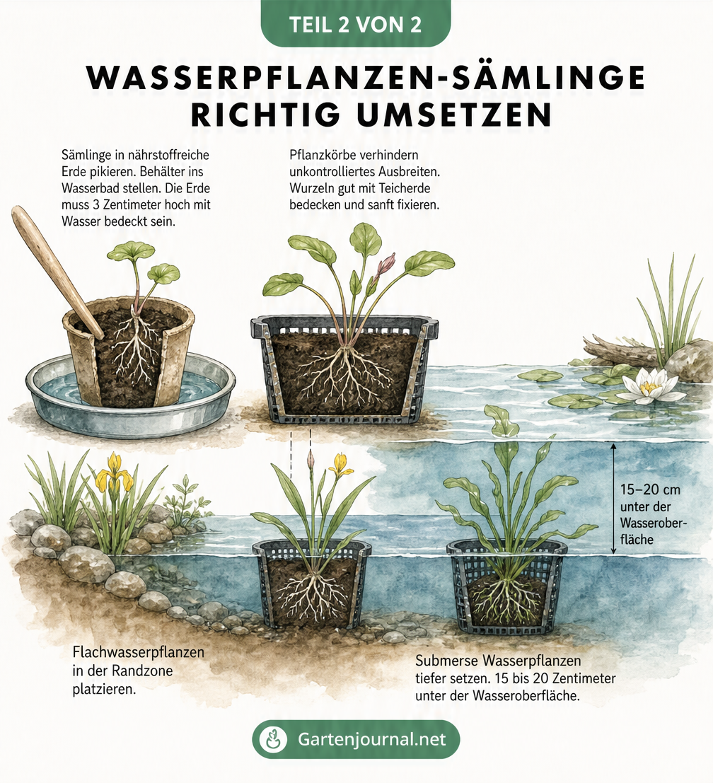 Schnittbild-Illustration zum Pikieren und Einsetzen von Wasserpflanzen-Sämlingen in den Teich