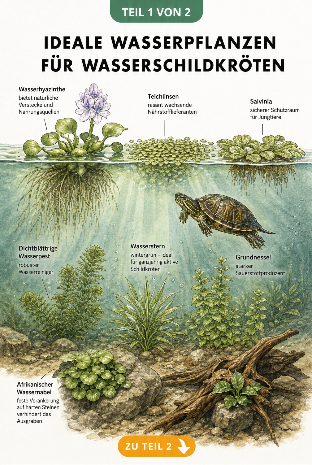 Querschnitt eines Schildkröten-Aquariums mit Schwimmpflanzen, Unterwasserpflanzen und Aufsitzerpflanzen