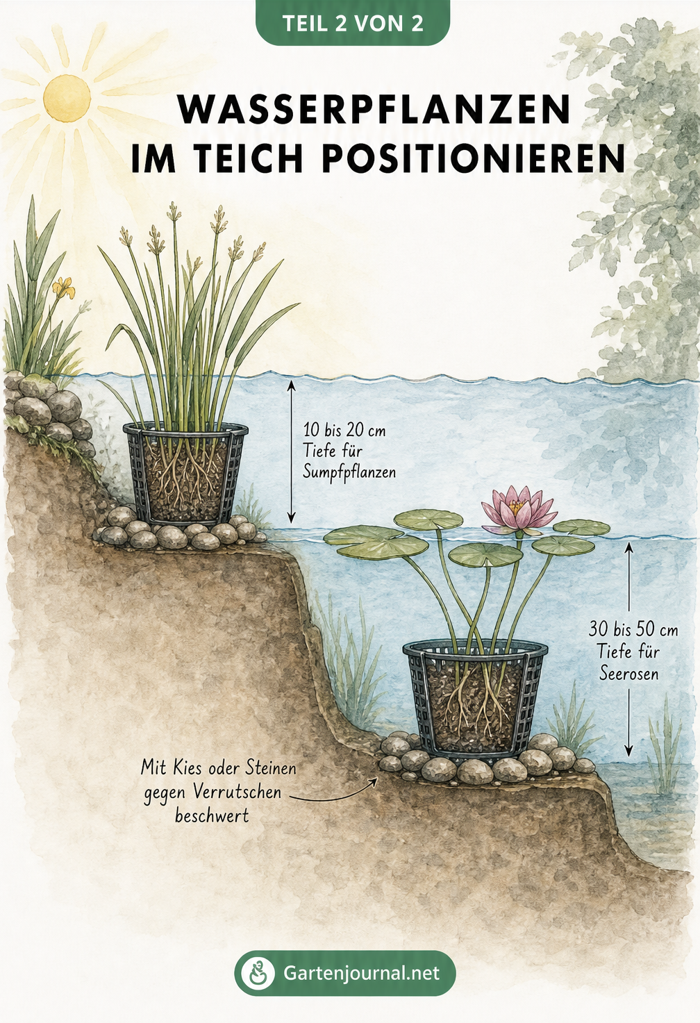 Querschnitt eines Gartenteichs mit zwei Tiefenzonen: Sumpfpflanzen bei 10 bis 20 cm und Seerosen bei 30 bis 50 cm Tiefe