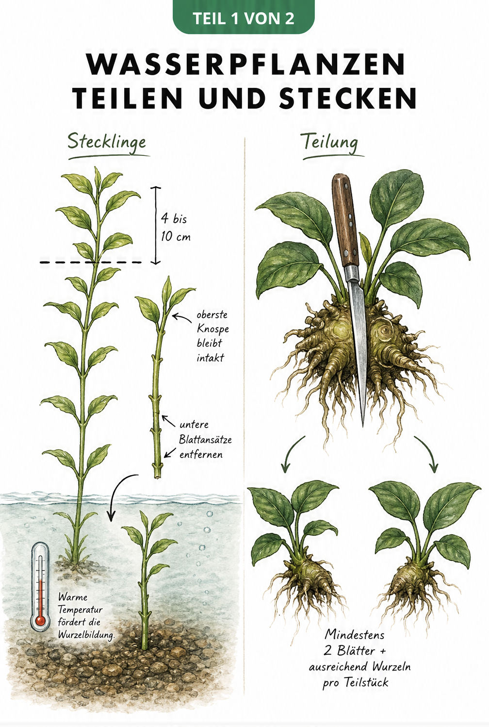 Illustration zur Vermehrung von Wasserpflanzen durch Stecklinge und Teilung