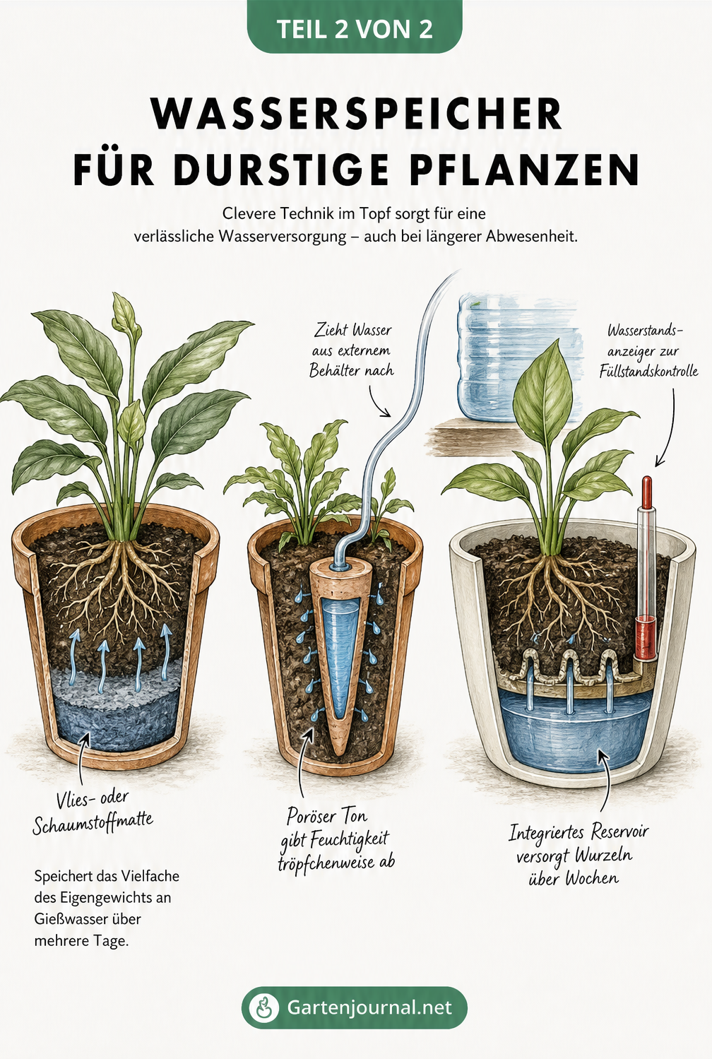 Schnittzeichnungen von drei Wasserspeichern für Pflanzen: Tontopf mit Vlies, Tonkegel mit Schlauch und modernes Gefäß mit Reservoir.