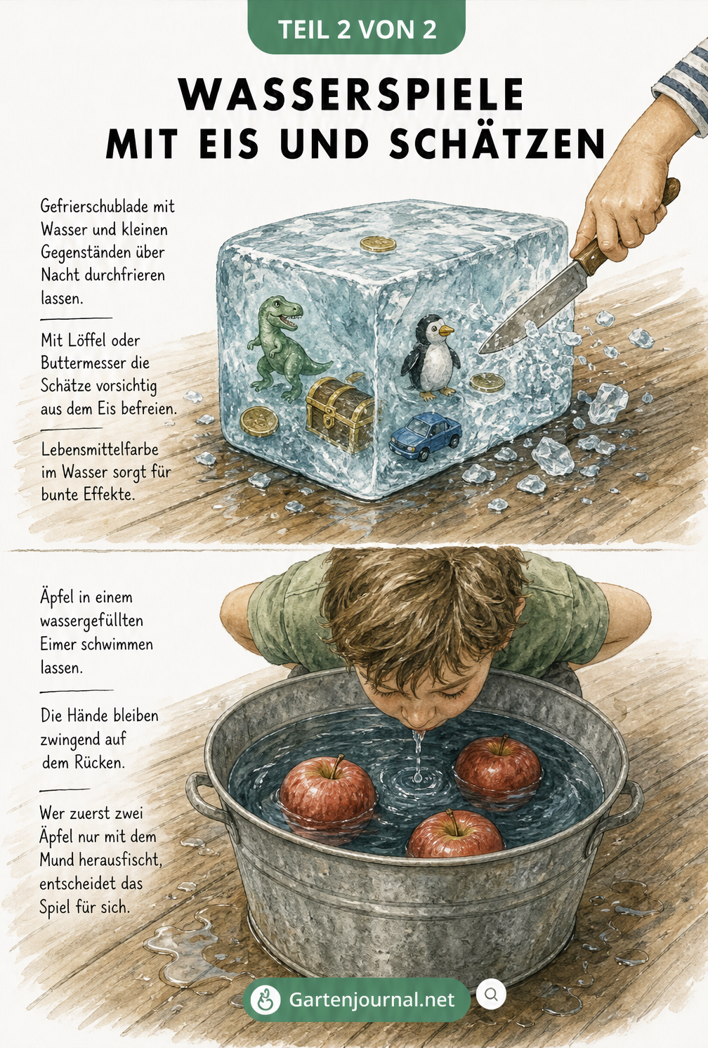 Illustration einer Schatzsuche im Eisblock und Apfeltauchen in einem Zinkeimer