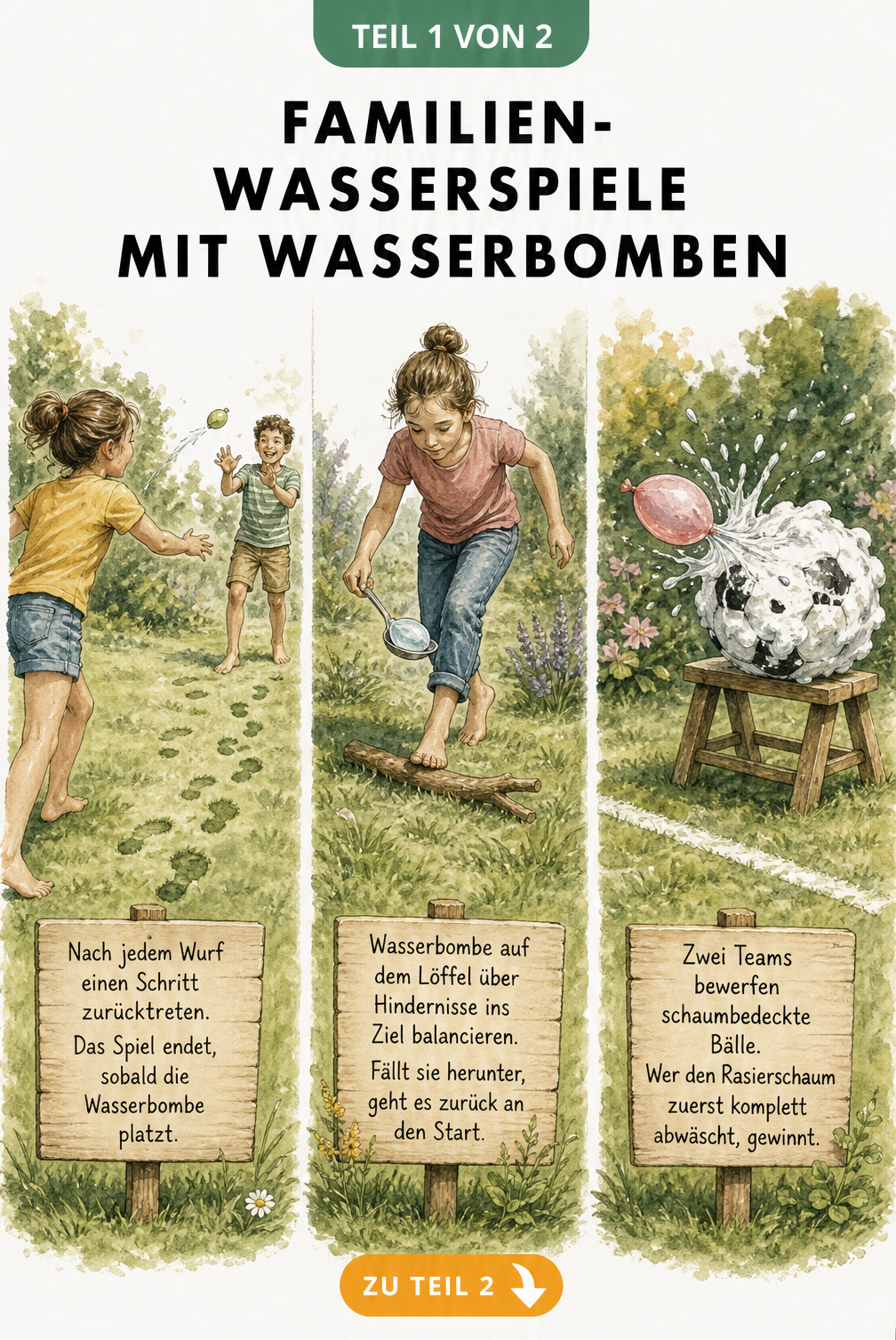 Illustration von drei Wasserspielen mit Wasserbomben: Pingpong, Eierlauf und Zielwerfen auf schaumbedeckte Bälle