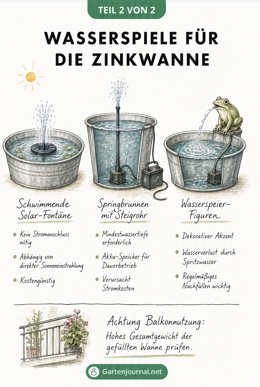 Drei Skizzen von Zinkwannen mit verschiedenen Wasserspielen: Solar-Fontäne, Springbrunnen und Wasserspeier