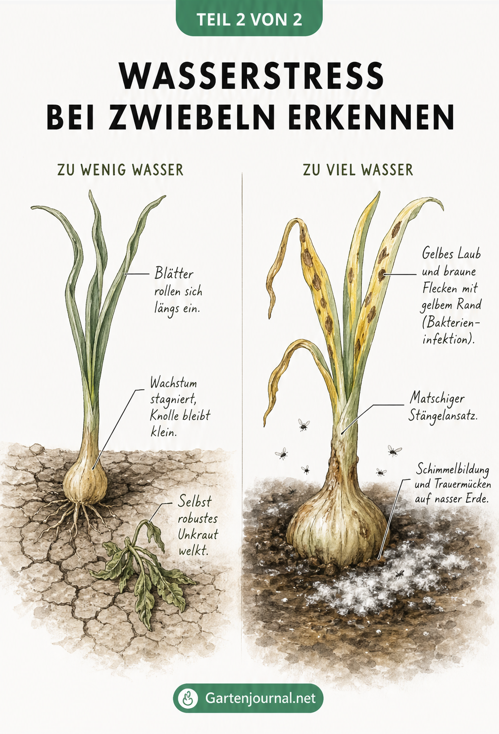 Vergleich zweier kranker Zwiebelpflanzen mit Symptomen von Wassermangel und Staunässe