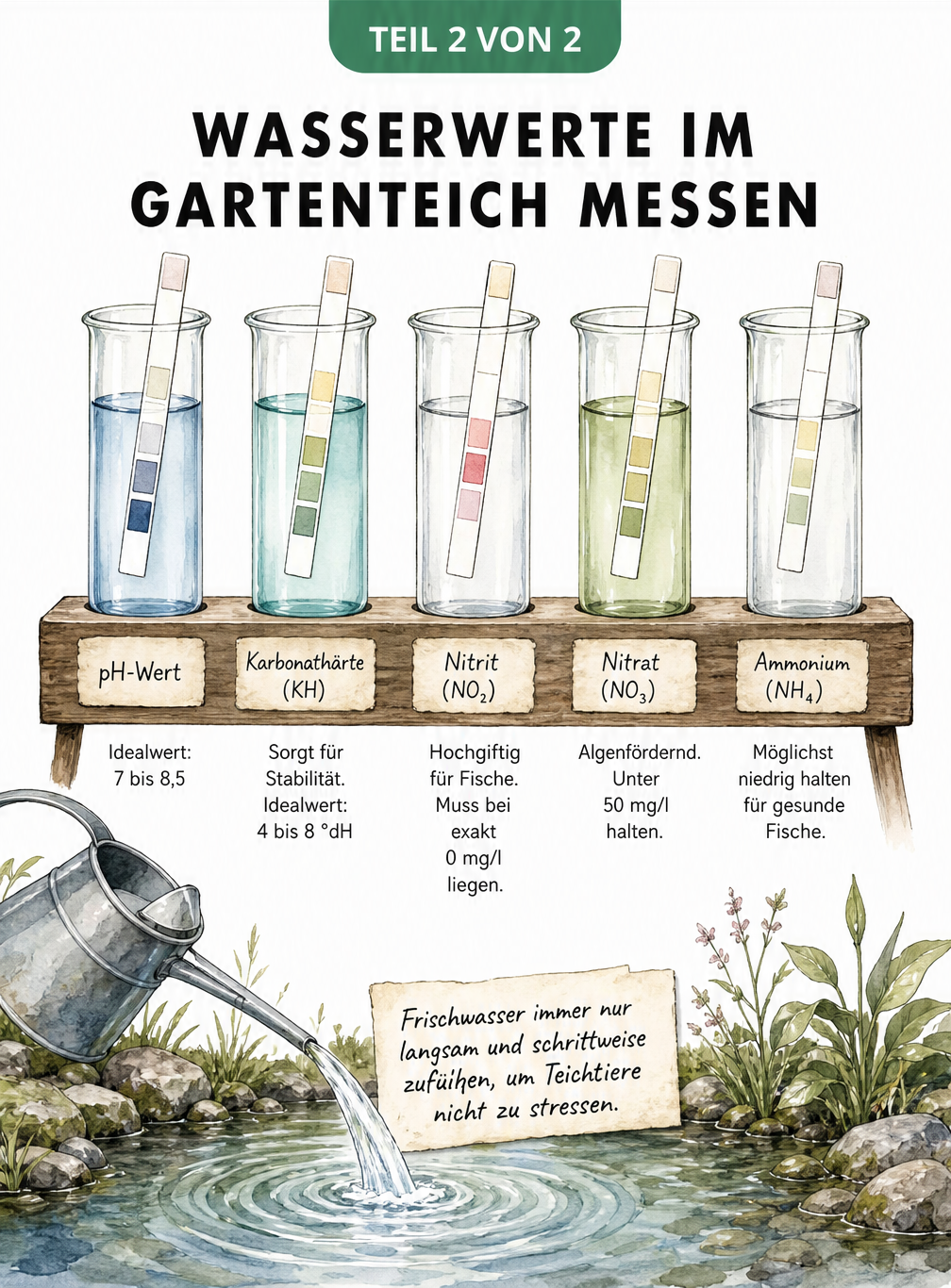 Fünf Reagenzgläser mit Teststreifen zeigen die idealen Wasserwerte für den Gartenteich wie pH-Wert, Karbonathärte und Nitrit