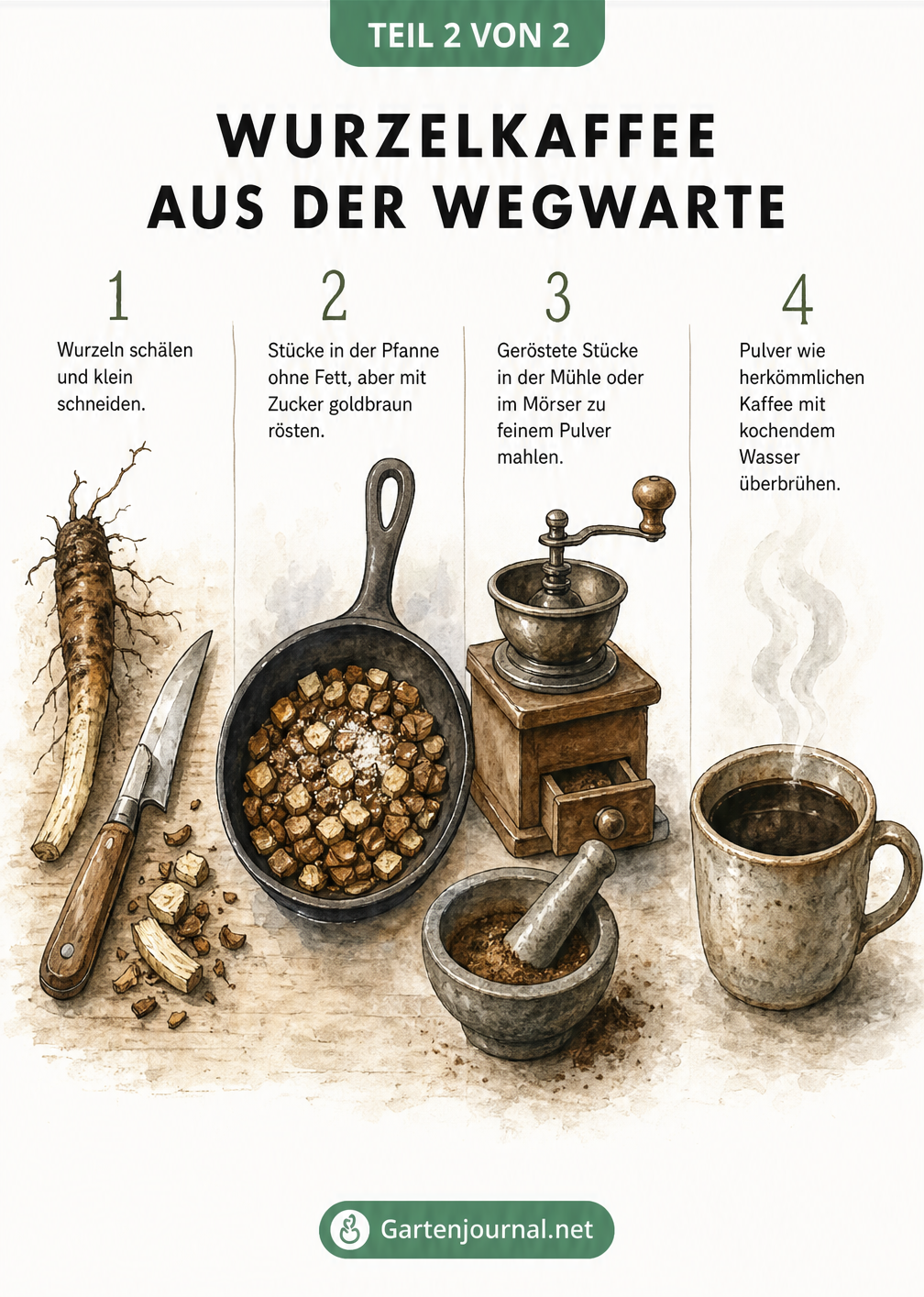 Illustration in vier Schritten zur Herstellung von Wurzelkaffee aus der Wegwarte: Schälen, Rösten, Mahlen und Aufbrühen.
