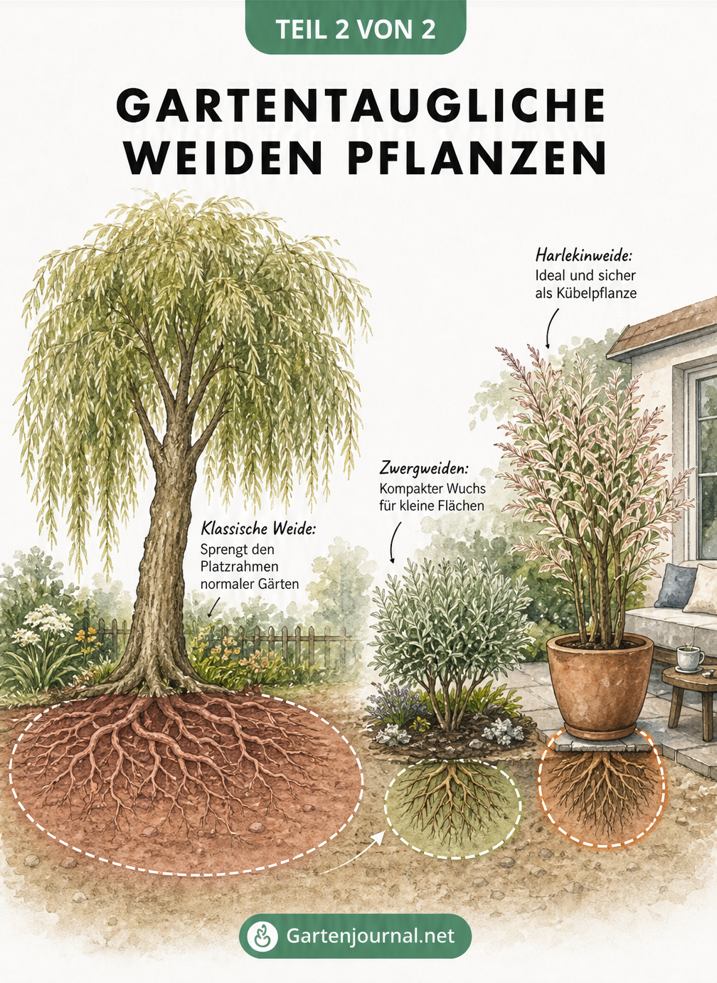Vergleich zwischen einer riesigen klassischen Weide mit enormem Wurzelradius und kompakten Alternativen wie Zwergweide und Harlekinweide im Kübel.