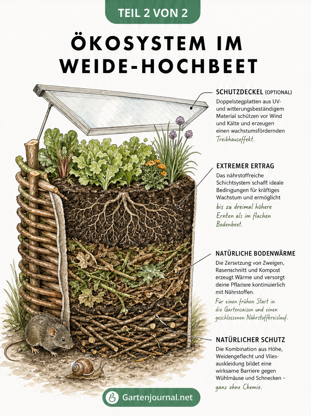 Querschnitt durch ein bepflanztes Weide-Hochbeet mit Erdschichten, Wurzelwerk und optionalem Frühbeet-Aufsatz