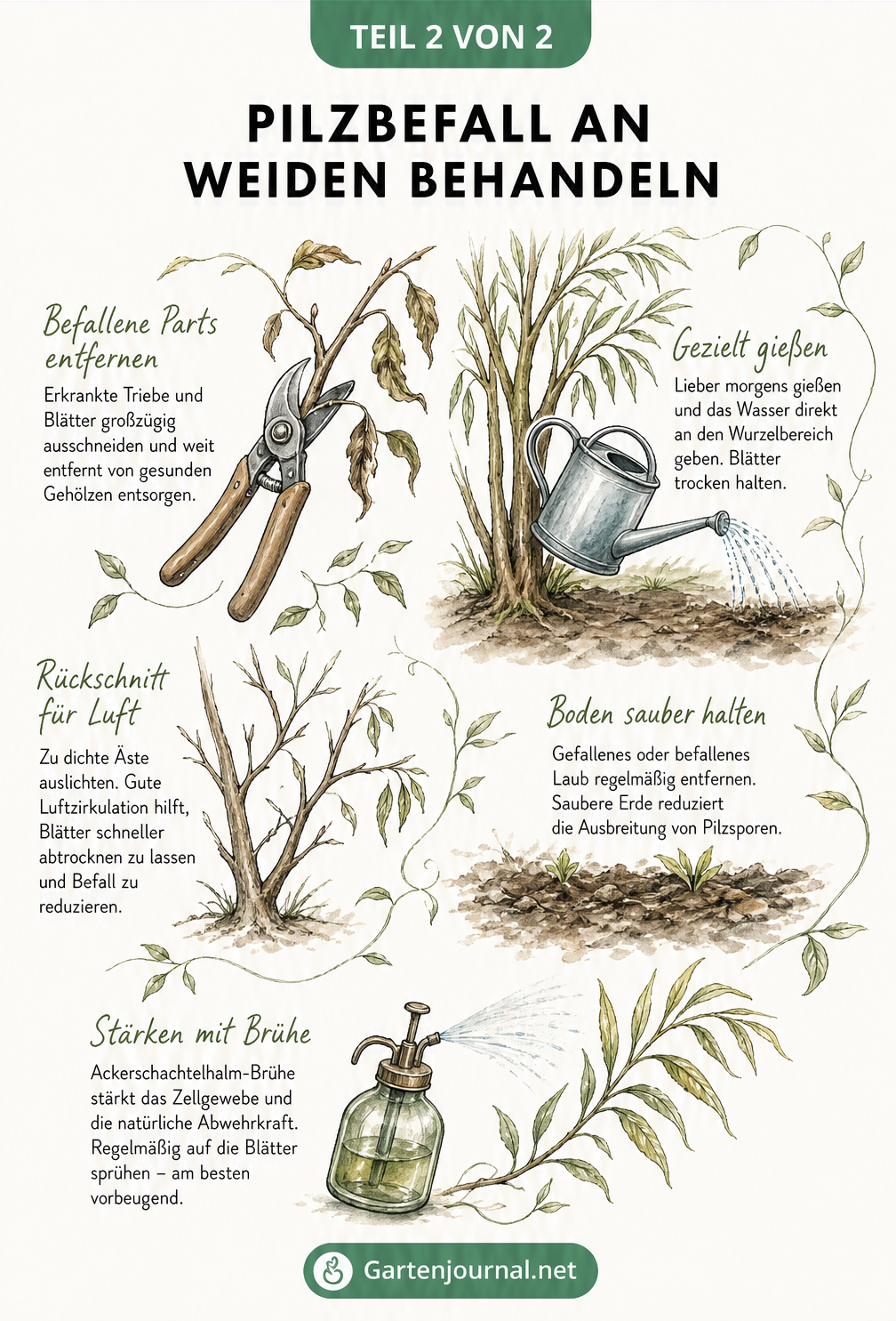Illustration zur Behandlung von Pilzbefall an Weiden mit Gartenschere, Gießkanne und Sprühflasche