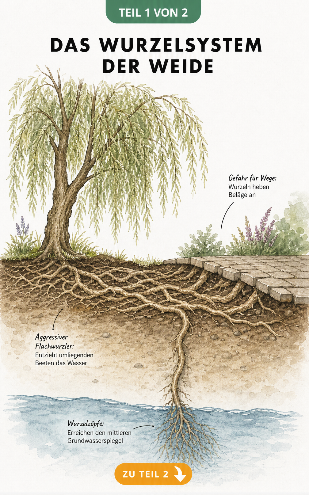 Querschnitt-Illustration des Wurzelsystems einer Weide, das sich flach ausbreitet, Pflastersteine anhebt und bis zum Grundwasser reicht.
