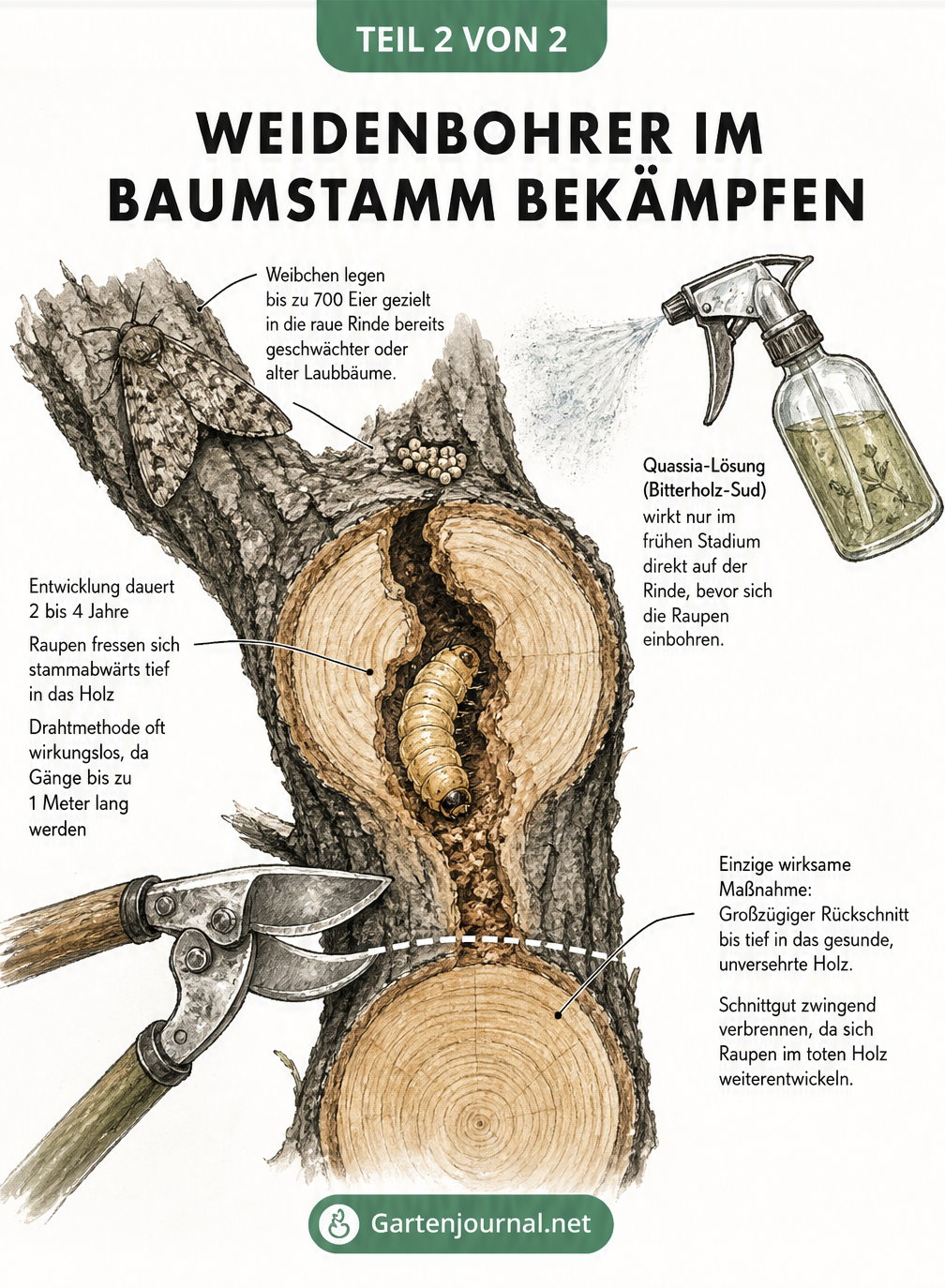 Schnittzeichnung eines Astes mit Weidenbohrer-Fraßgang und Darstellung der Bekämpfung durch großzügigen Rückschnitt.