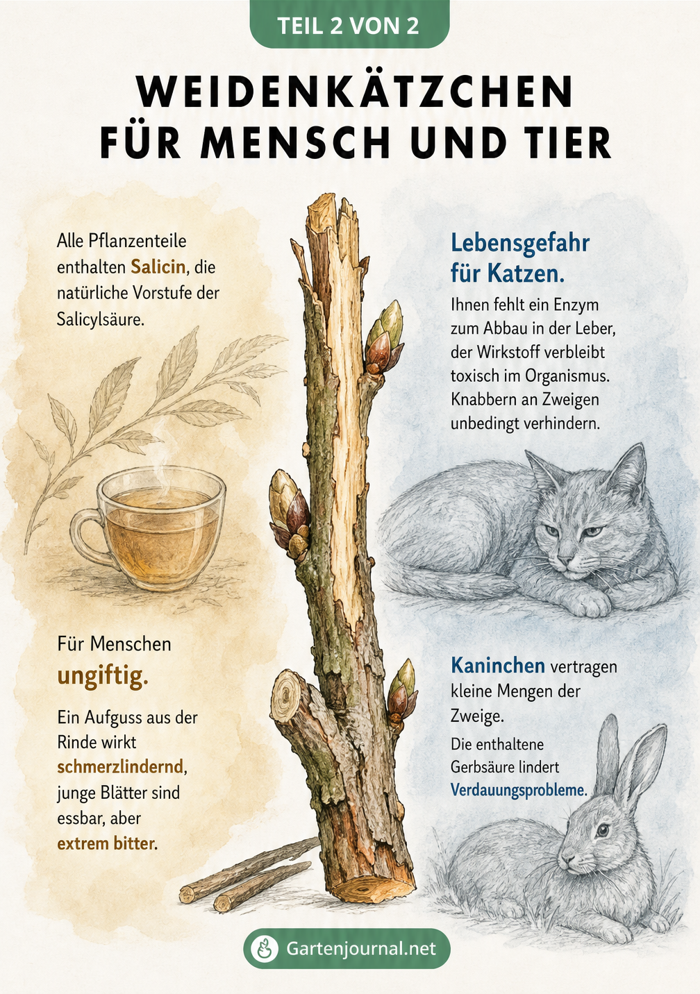 Aquarell-Illustration von Weidenholz, Teetasse, Katze und Kaninchen zur Giftigkeit von Weidenkätzchen