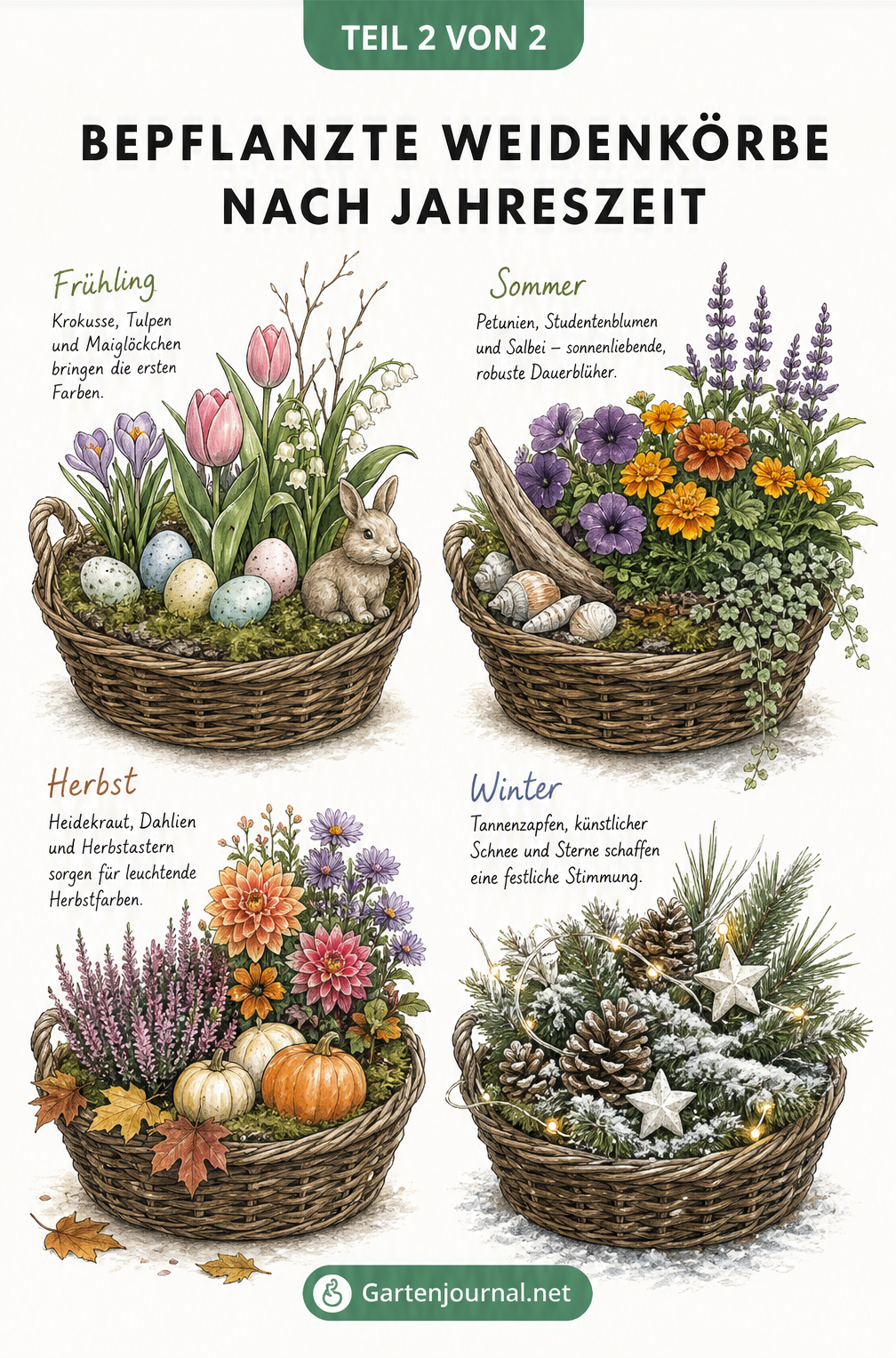 Vier bepflanzte Weidenkörbe passend zu Frühling, Sommer, Herbst und Winter