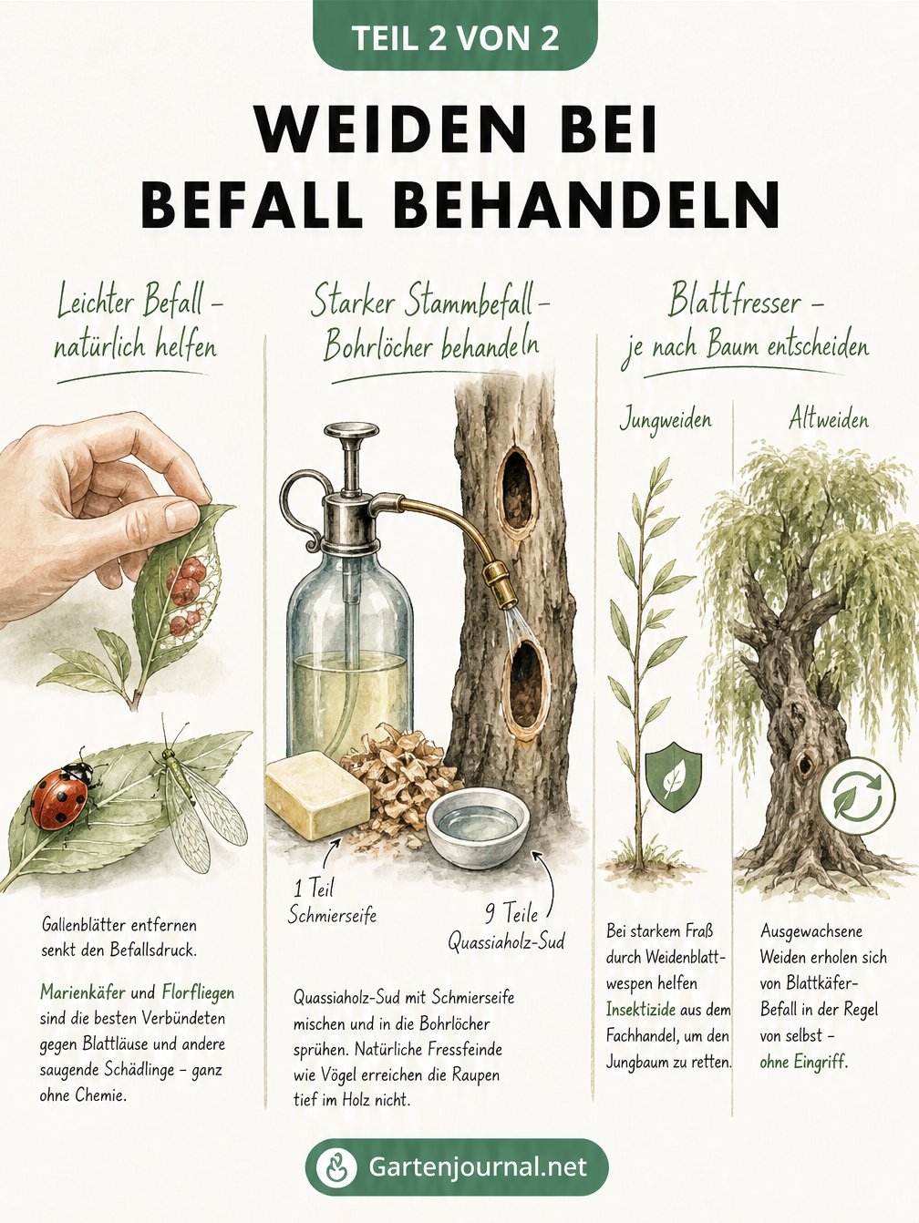 Illustration zur Behandlung von Weidenschädlingen: Nützlinge gegen Blattläuse, Quassia-Seifenlauge gegen Weidenbohrer und Insektizide für Jungbäume