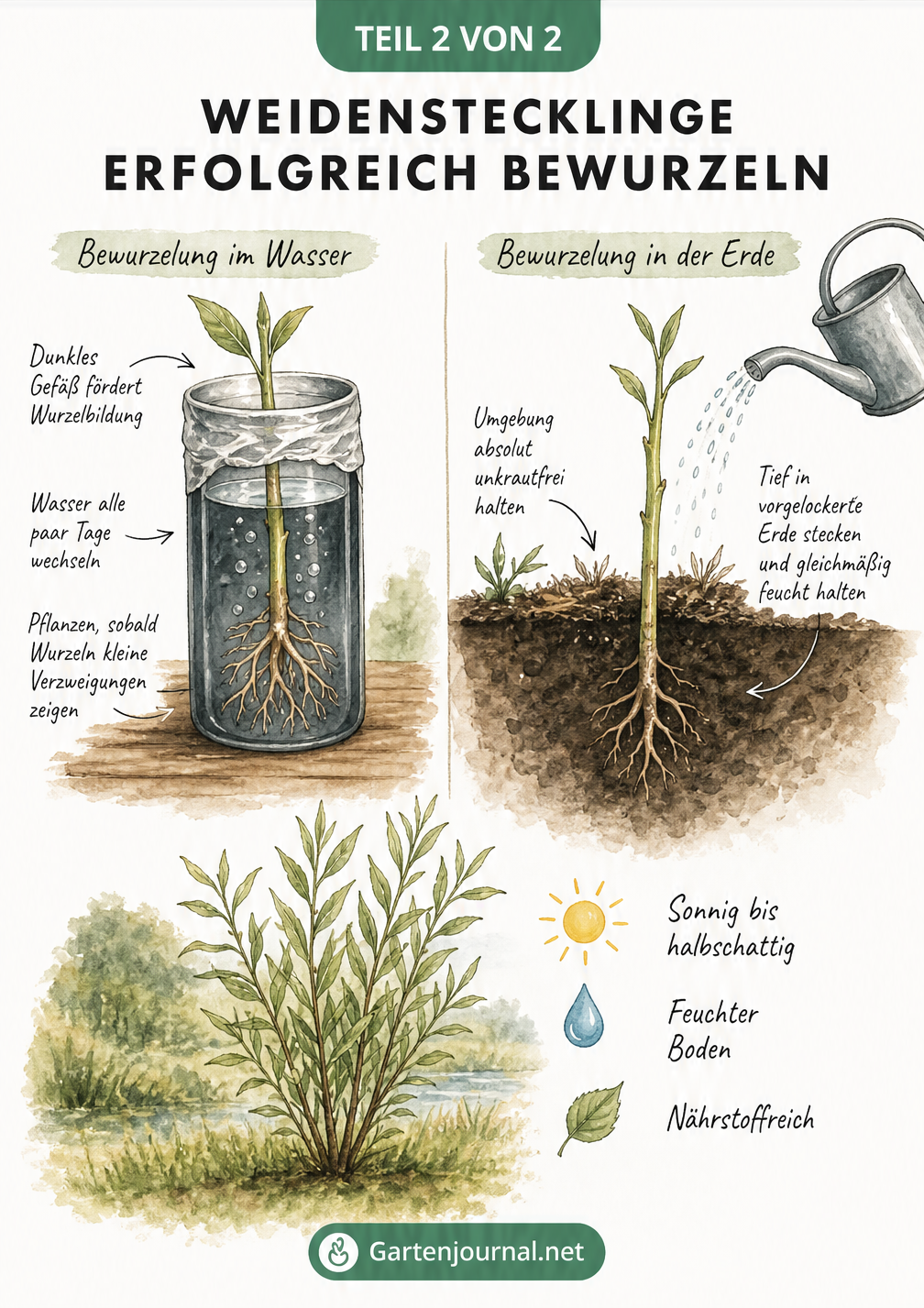 Vergleich der Bewurzelung von Weidenstecklingen im Wasser und in der Erde mit Standort-Tipps