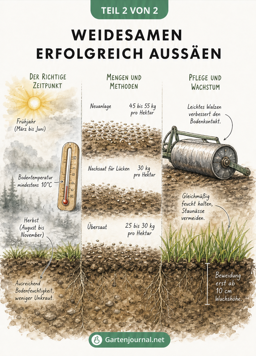 Querschnitt durch den Boden mit Darstellung von Aussaatzeitpunkt, Saatmenge und Pflege für Weidesamen