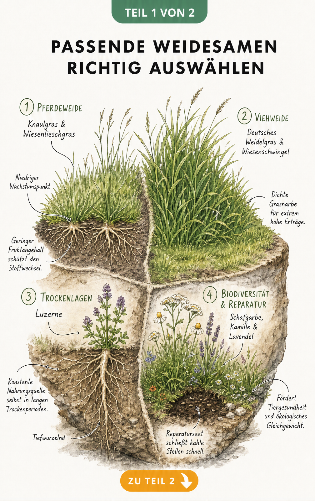 Botanische Illustration verschiedener Weidesamen für Pferde, Vieh, Trockenlagen und Biodiversität