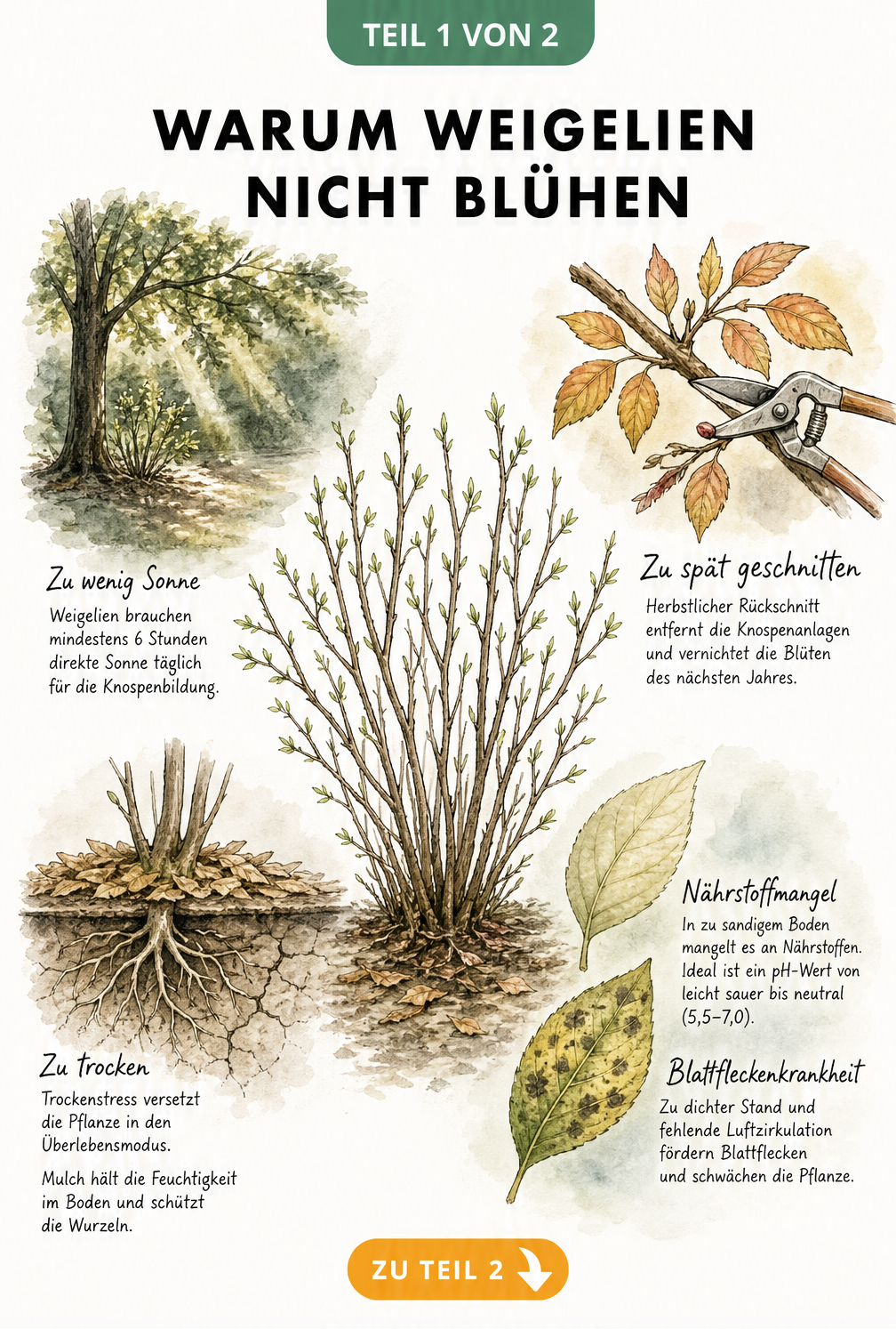 Botanische Illustration einer Weigelie ohne Blüten, die Ursachen wie Lichtmangel, falschen Rückschnitt, Trockenstress und Nährstoffmangel zeigt.