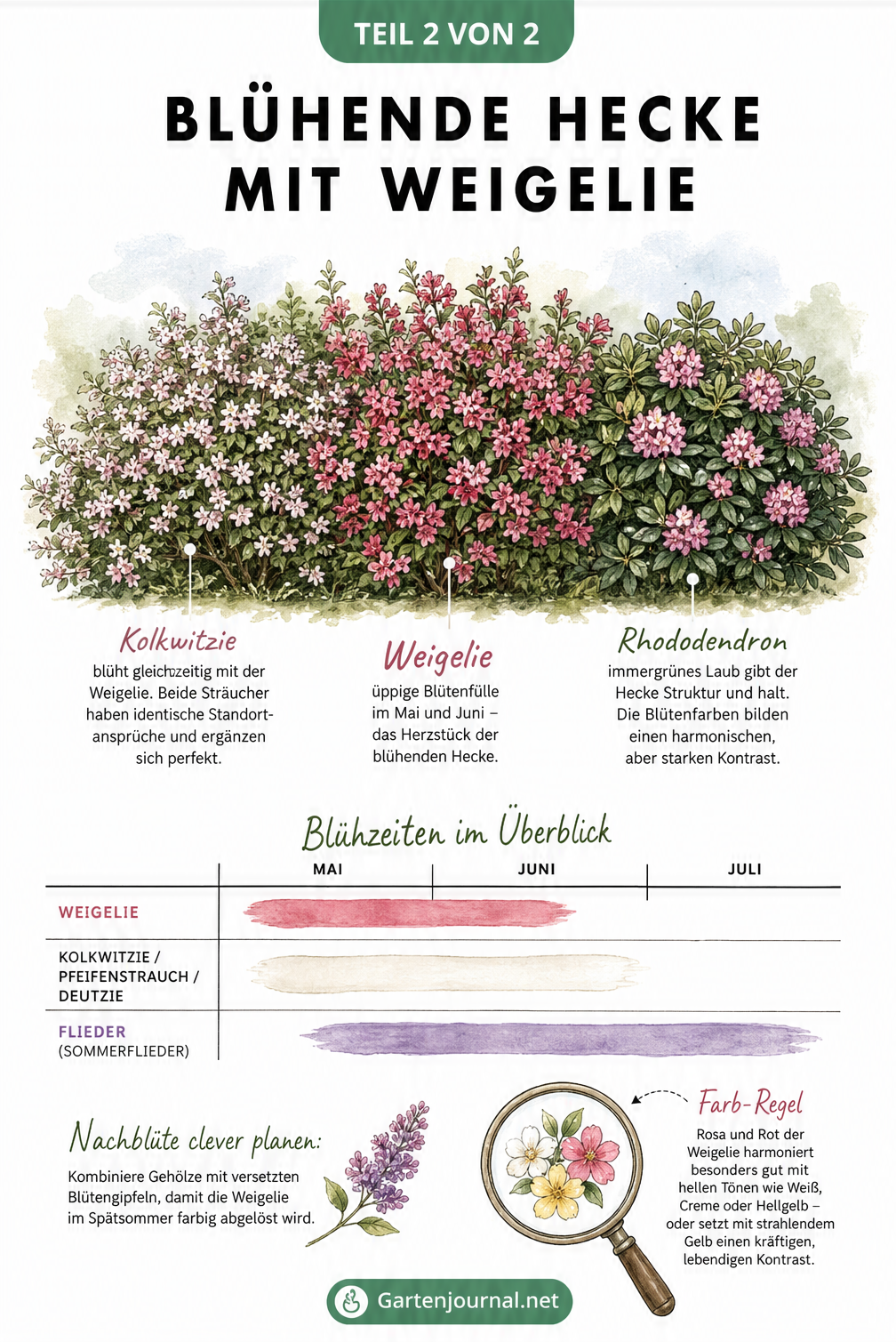 Illustration einer gemischten Hecke mit Weigelie, Kolkwitzie und Rhododendron sowie einem Zeitstrahl der Blütezeiten