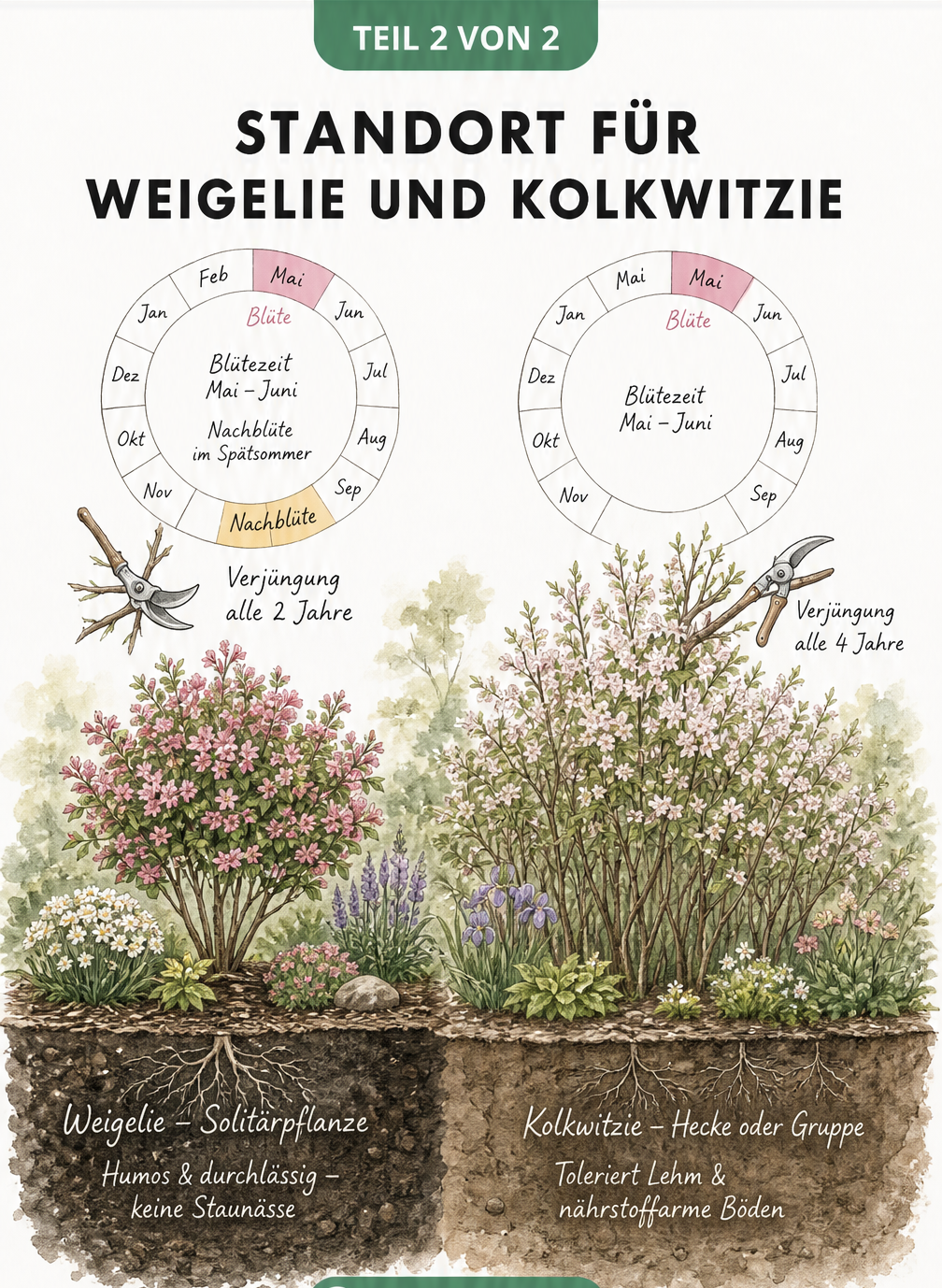 Gartenquerschnitt mit Weigelie und Kolkwitzie, der Standortansprüche, Bodenbeschaffenheit und Rückschnitt zeigt