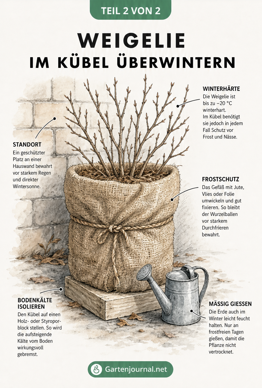 Illustration einer Weigelie im Kübel im Winter mit Schutzmaßnahmen wie Jute, Styroporblock und geschütztem Standort.