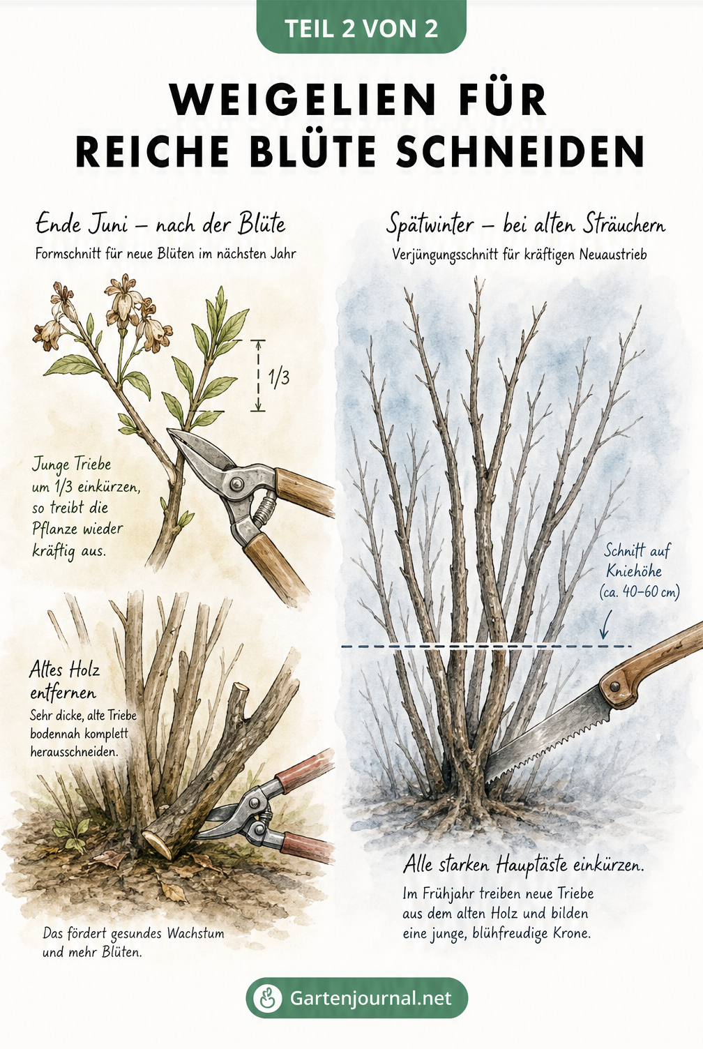 Skizze zum richtigen Rückschnitt einer Weigelie: Einkürzen junger Triebe nach der Blüte und Verjüngungsschnitt im Spätwinter.