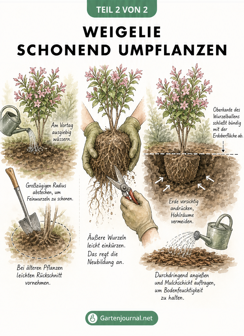 Skizze zum schonenden Umpflanzen einer Weigelie: Vom großzügigen Abstechen des Wurzelballens bis zum Einsetzen ins neue Pflanzloch.