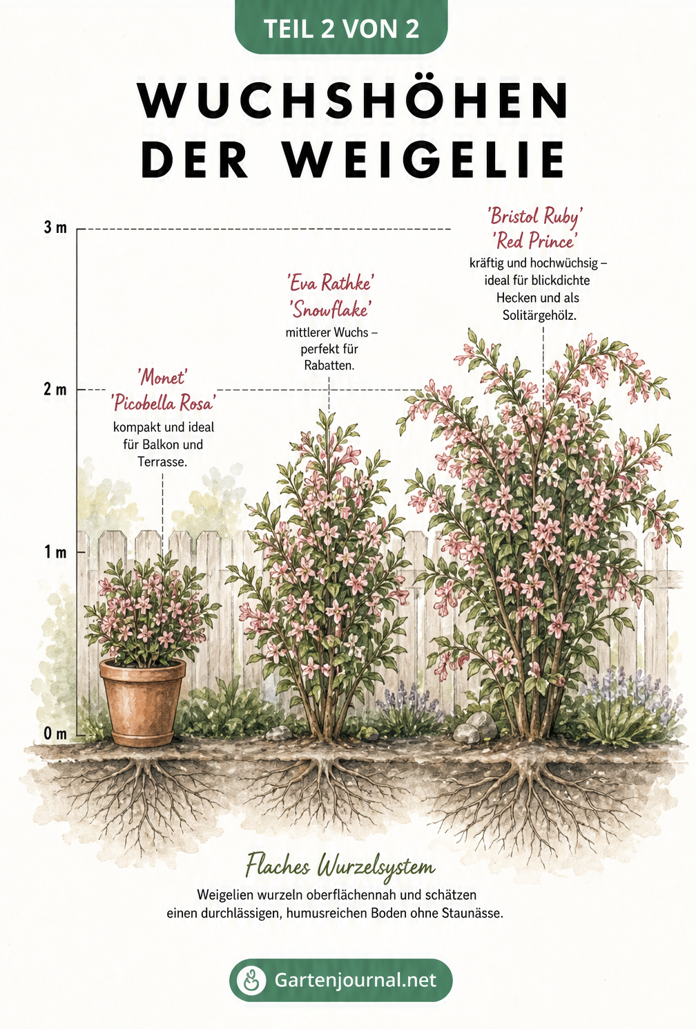 Illustration von drei Weigelien-Sträuchern in unterschiedlichen Wuchshöhen mit Sortenbeispielen