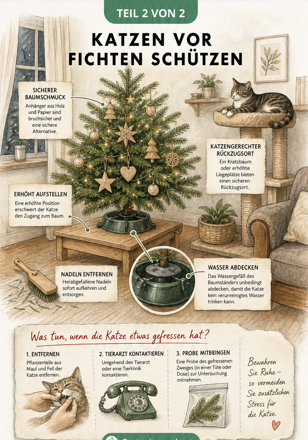 Illustration eines sicheren Wohnzimmers mit Weihnachtsbaum, die präventive Maßnahmen wie abgedecktes Wasser, erhöhte Aufstellung und bruchsicheren Schmuck zum...