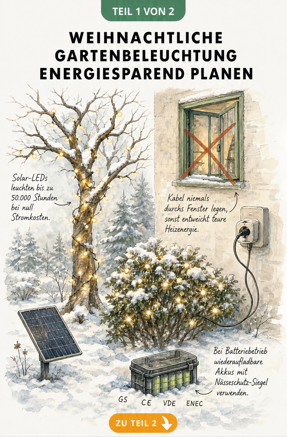 Skizze eines winterlichen Gartens mit Solar-LED-Lichterkette am Baum und Außensteckdose an der Hauswand